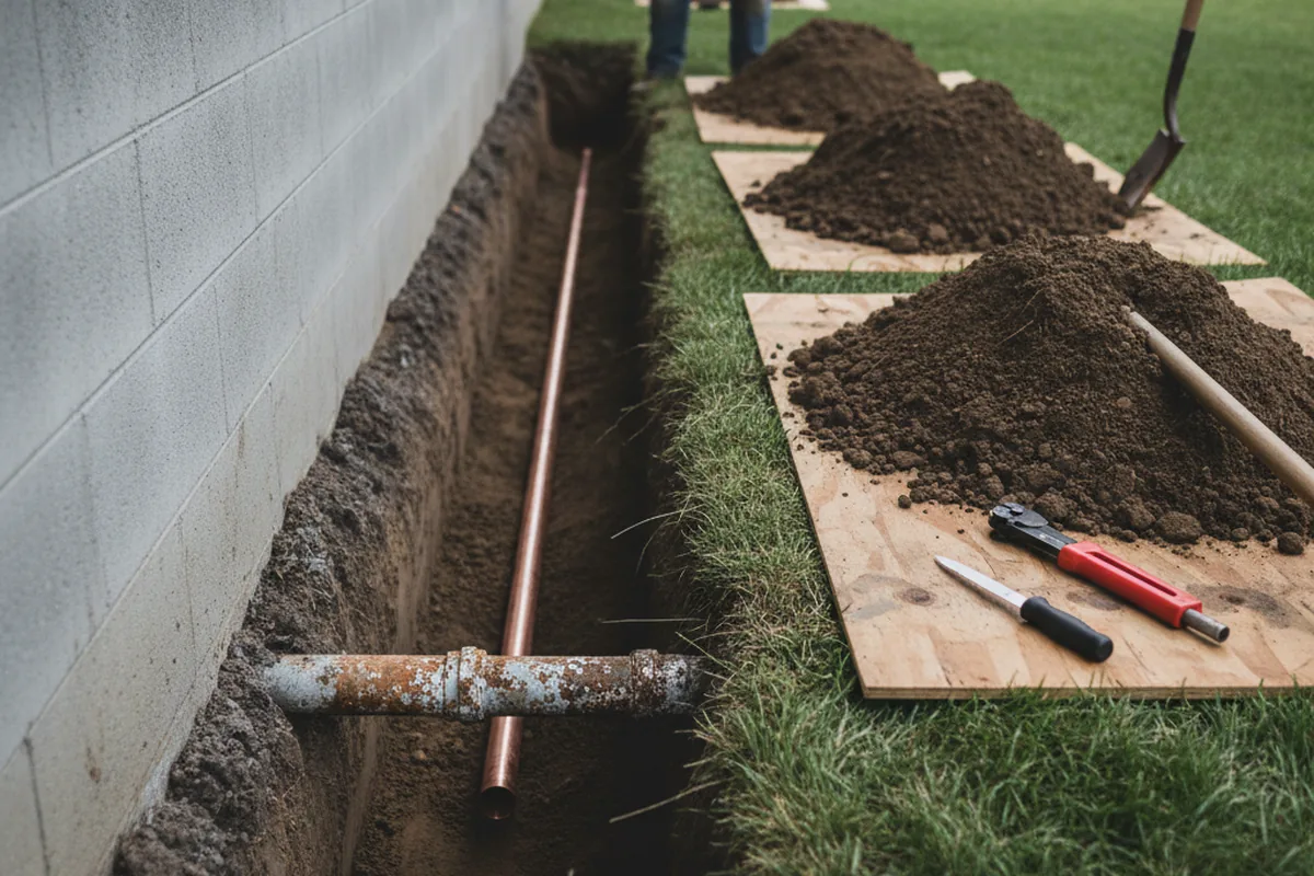 Excavated water line trench during Sewer Line Repair in Dyer